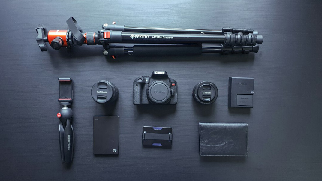 Flat lay of professional camera and filmmaking equipment